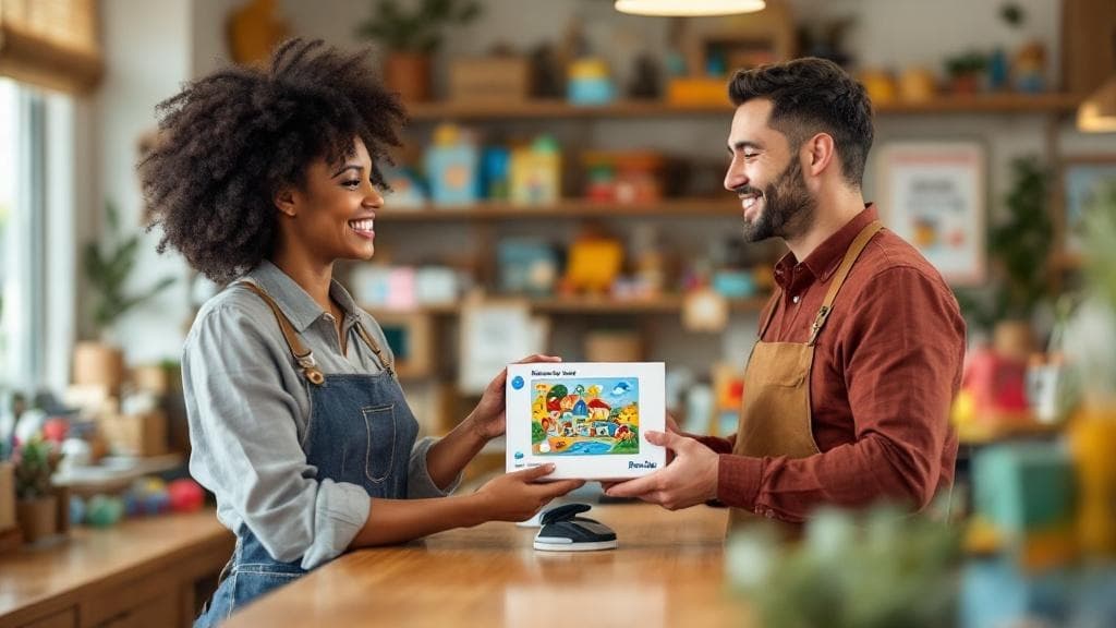 Toy store owner using ToyLocal Hub on a tablet to manage inventory